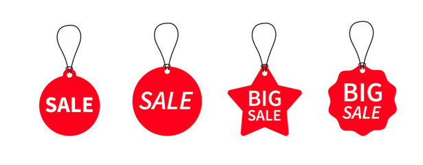 Red sale labels. Realistic price tags mockups. Vector hanging tag set