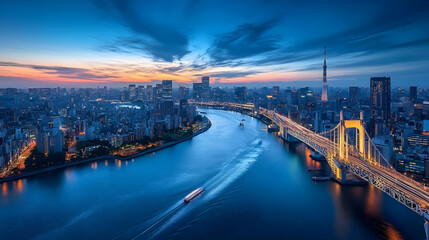 A City Skyline with a Bridge Crossing a River at Sunset