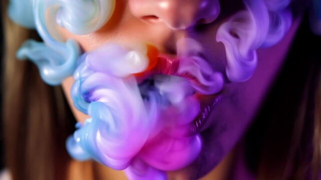 A woman inhales a colorful cloud of smoke
