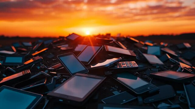 Pile of Old Smartphones at Sunset.
