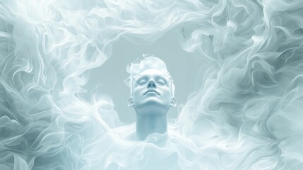 A serene male figure surrounded by ethereal white smoke, exuding a calm and dreamy aura.