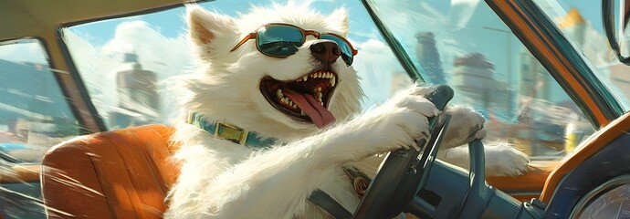 A white dog wearing sunglasses is driving a car, holding onto the steering wheel and laughing maniacally.