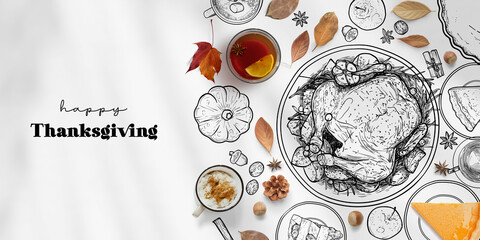 Happy Thanksgiving banner design with real and hand drawn assets. Line art pumpkin pie, anise, nuts, turkey, cinnamon mixed with real leaves, nuts, hot choco on a white background.