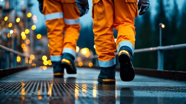 Workers walking on a metal platform.