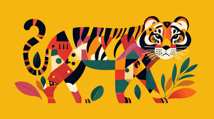 Simple tiger illustration vector art. Flat design with geometric shapes. Stylized tiger 2D graphics. Tiger digital art. Smooth color background.