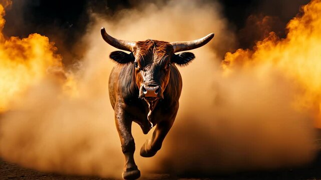 Bull Charging Through Smoke and Dust.