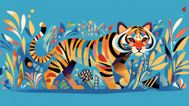 Simple tiger illustration vector art. Flat design with geometric shapes. Stylized tiger 2D graphics. Tiger digital art. Smooth color background.