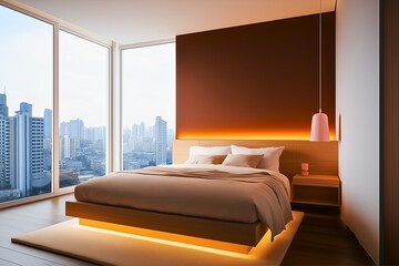 A sleek, modern bedroom featuring a cozy, inviting bed with warm lighting, large windows showcasing a city skyline, and minimalistic design elements.