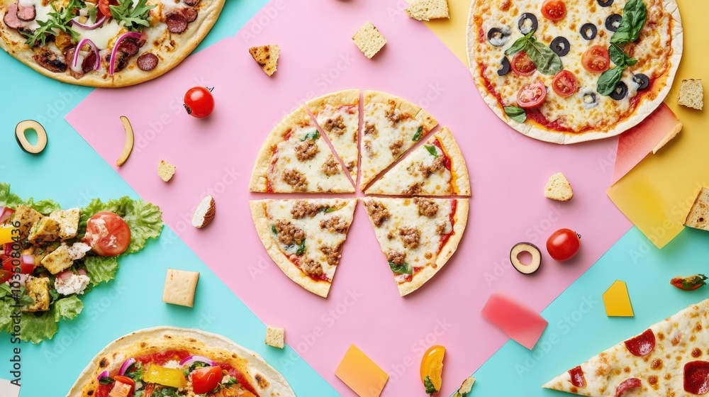Poster Tacos and pizzas are artfully arranged in geometric patterns on colorful surfaces, creating an inviting street food atmosphere. Generative AI