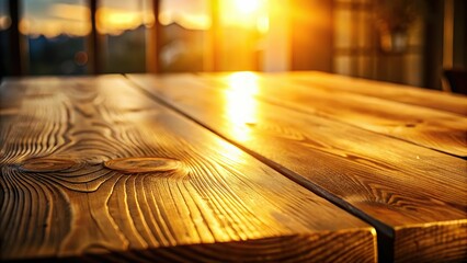 A warm, golden light illuminates the wooden table's surface, accentuating its natural grain pattern and subtle cracks, with a slight blur in the corners.