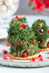 Portioned tuna pate on cracker decorated with dill and pomegranate seeds. Christmas appetizer in...