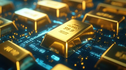 Gold bars floating in a futuristic digital space, symbolizing secure investments