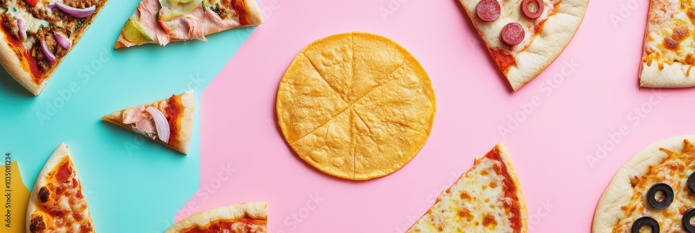 Poster A colorful assortment of tacos and pizzas is artistically arranged in geometric patterns, inviting a fun culinary experience. Generative AI