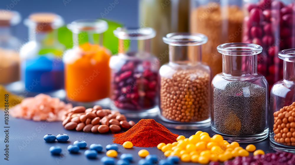 Poster a vibrant collection of various spices and seeds is arranged in clear glass jars. the colorful assor