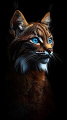 A portrait of a lynx, looking at the camera with intense eyes, against a dark forest background