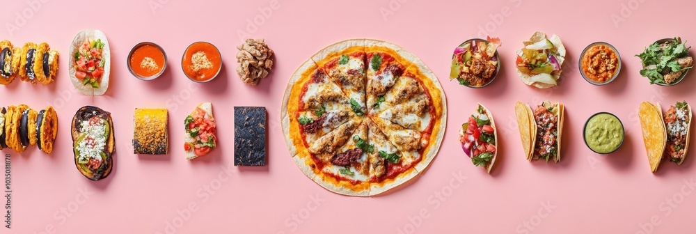Aufkleber a colorful array of street food including tacos, pizza, and sauces neatly organized in geometric ord