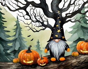 Halloween Gnome with a dark tree, isolated over white,clip art