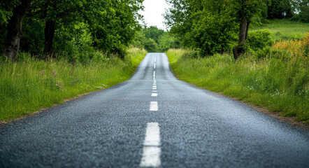 Obraz premium Serene rural road through lush green countryside, trees lining both sides