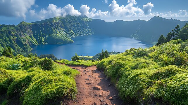 A winding dirt path leads to a panoramic view of  lake . The lake is surrounded by lush vegetation and a distant mountain range, creating a serene and picturesque scene.