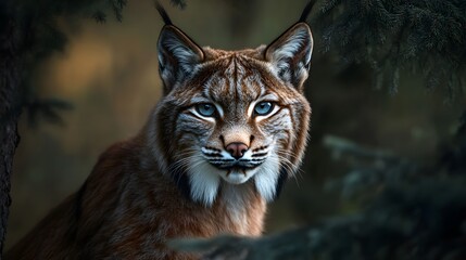 Obraz premium A portrait of a lynx, looking at the camera with intense eyes, against a dark forest background
