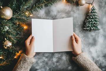 Female hands holding open folded in half blank white brochure, brochure mockup, small Christmas tree on table