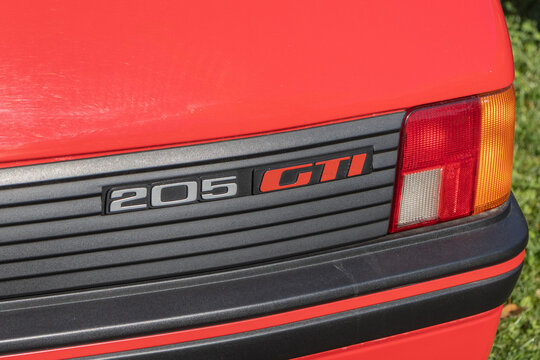 Peugeot 205 gti rear badge closeup showing branding