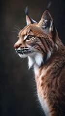 Naklejka premium A portrait of a lynx, looking at the camera with intense eyes, against a dark forest background