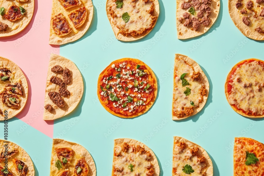 Poster Tacos and mini pizzas are creatively arranged in a geometric pattern, showcasing a delightful assortment of flavors and colors. Generative AI