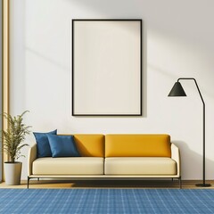 A sleek, modern living room featuring a yellow and cream sofa, blue cushion, floor lamp, potted plant, large blank frame, and blue rug under natural light.