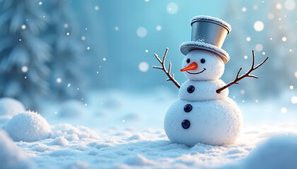 Fototapeta premium Christmas snowman with silver bucket on his head. Snowman in snow with white snowflakes
