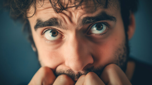 Portrait of a nervous young man biting his nails, illustrating the struggles of coping with stress and anxiety in everyday life