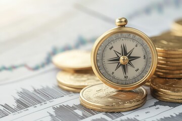 Golden compass resting on a stack of gold coins, symbolizing navigating investments