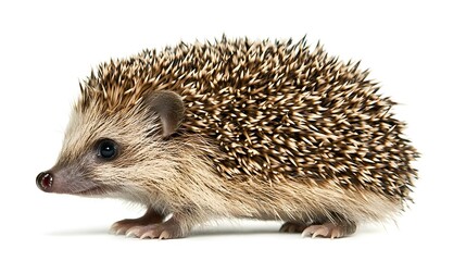 Fototapeta premium Detailed close up photograph showcasing the intricate fur patterns and adorable facial features of a small curled up hedgehog in a studio setting