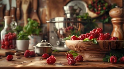 A stylish cooking counter with a fresh raspberry filled a machine is made of wood