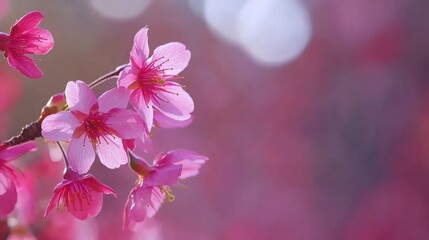 Fototapeta premium A cluster of delicate pink cherry blossoms in full bloom against a soft, blurred background.