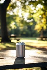 Blank-labeled silver soda can on a picnic table in the sunlight