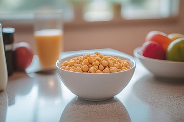 Plain box of cereal on breakfast table with milk and juice.