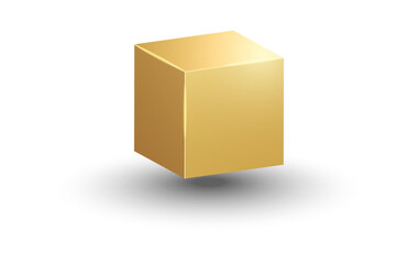 3d gold metallic cube. Realistic vector geometric shape. Golden glossy box with shadow