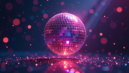 Shiny disco ball on color background with blurred lights, space for text. Bokeh effect.