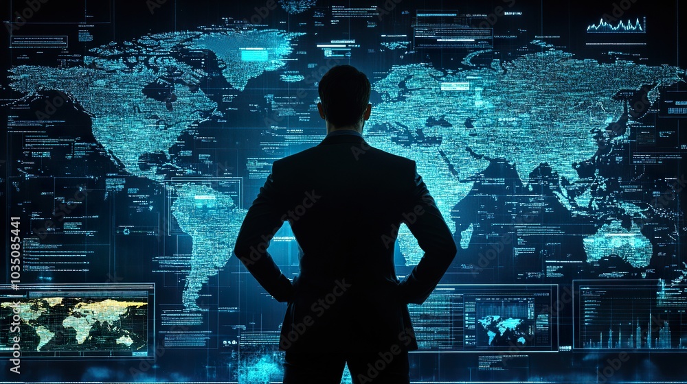 Poster a hacker orchestrating a large-scale cyber-warfare campaign, with global digital warfare maps and en