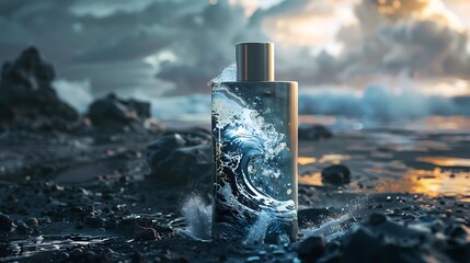 A stylish scented vial with a huge wave around it stands on a stony area