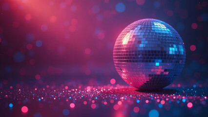 Shiny disco ball on color background with blurred lights, space for text. Bokeh effect.