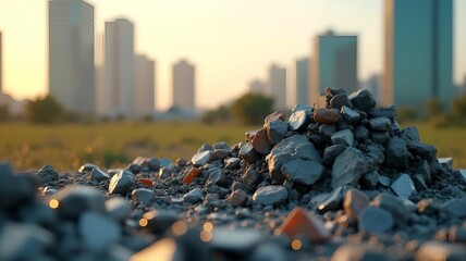 Close-up of garbage, waste against the backdrop of a modern landscape