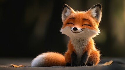 A charming smiling baby fox with fluffy fur, sitting peacefully with its tail curled around its body. This delightful scene captures the essence of innocence and playfulness in nature, 