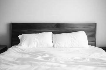 The bed features crisp white linens and fluffy pillows, creating a serene atmosphere in a minimalist bedroom. Soft lighting enhances the calming ambiance, perfect for relaxation.