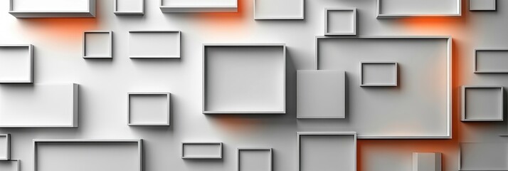 Floating geometric frames in diverse sizes, set against a clean white background, creating a modern and minimalist aesthetic.