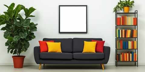 A stylish living room features a dark sofa with vibrant pillows, a large plant in the corner, and a sleek bookshelf with colorful books, creating a modern cozy atmosphere.