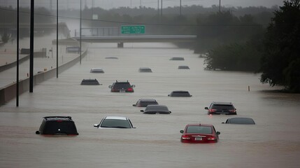 Flooded highways and cars trapped by hurricane floodwaters