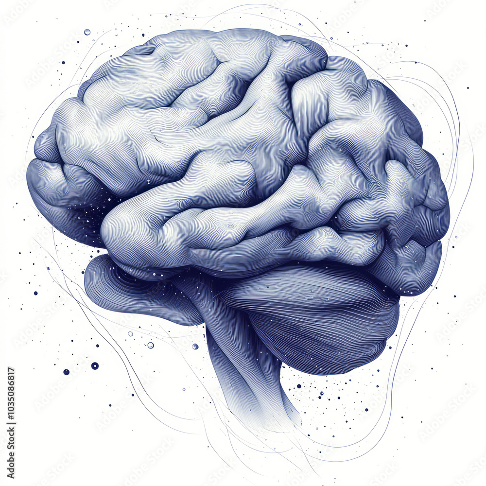 Poster a modern brain illustration in a vector style, featuring abstract lines and shapes, floating on a wh