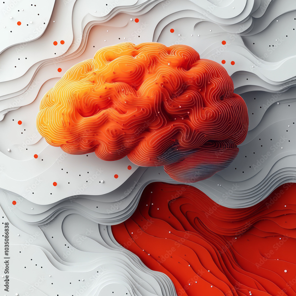 Poster a modern brain illustration in a vector style, featuring abstract lines and shapes, floating on a wh